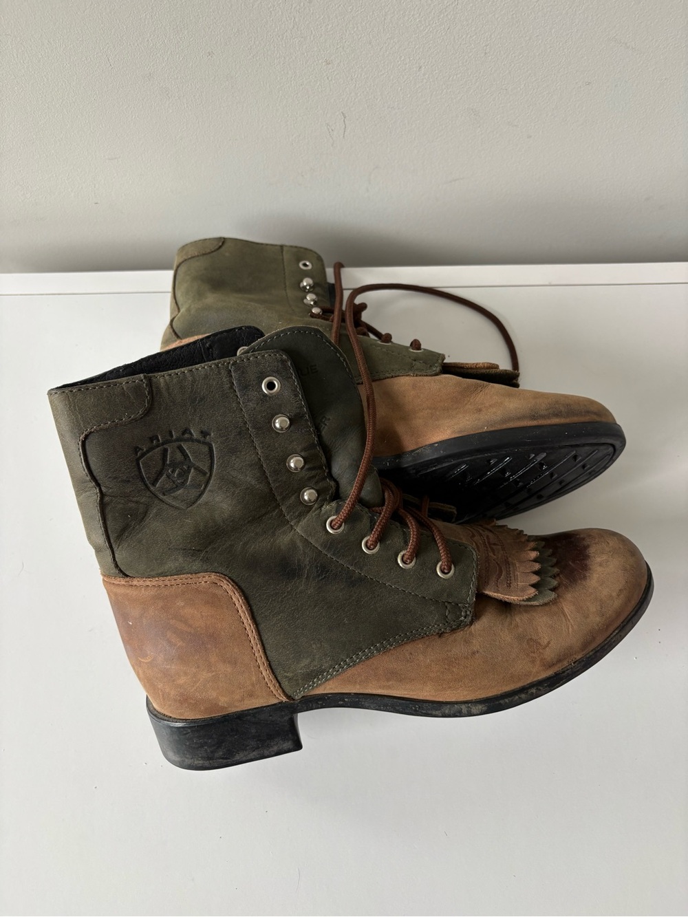Ariat Women’s Leather Lace Up Boots Brown Green Fringe Kiltie Size 6.5 - Picture 6 of 12